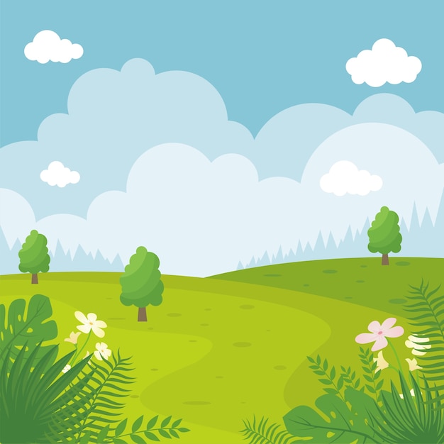 Vector summer landscape  illustration, simple and trendy with flat cartoon style