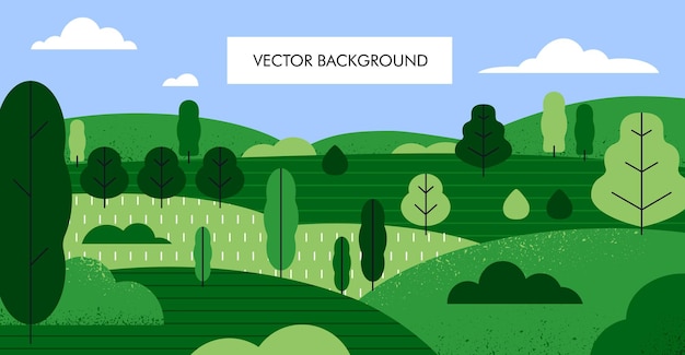 Vector summer nature landscape background green tree plants hills grass sky clouds scenery panorama in modern style abstract calm wild countryside environment banner flat vector illustration