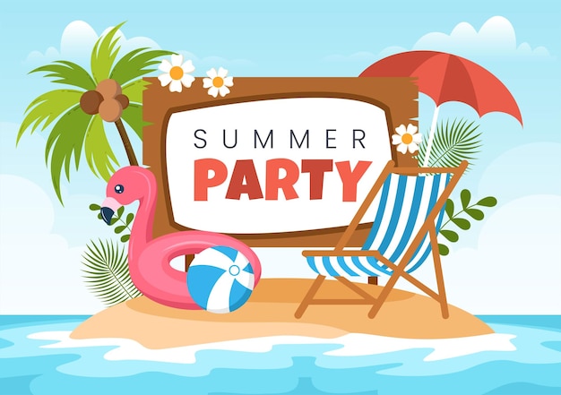 Summer Party Cartoon Background Illustration with Tropical Plants Equipment on the Beach