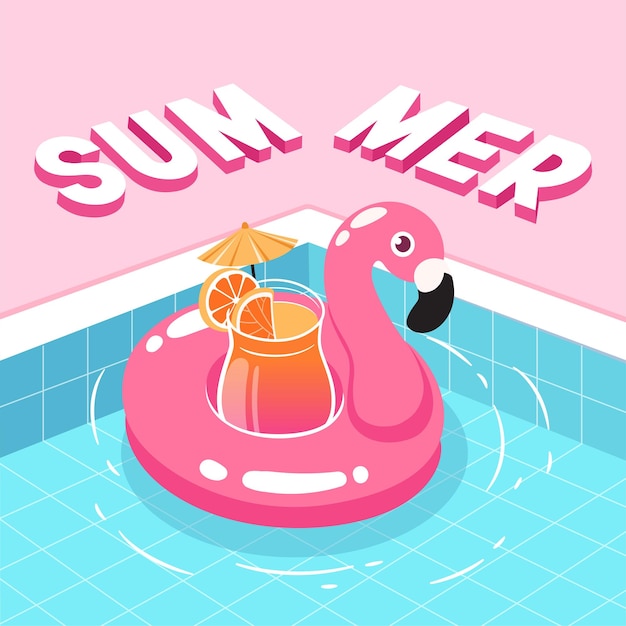 Vector summer pool party with flamingo swimming ring flat background