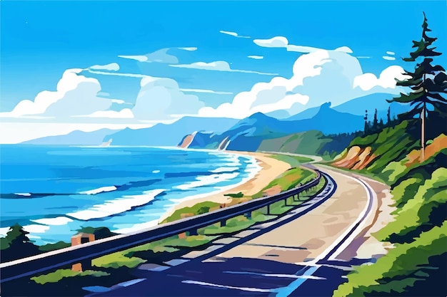 Vector summer road trip adventure a scenic coastal highway with winding roads breathtaking ocean views