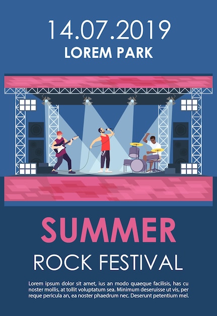 Vector summer rock festival brochure template. pop music summer performance flyer, booklet, leaflet concept with flat illustrations. vector page layout for magazine. advertising invitation with text space