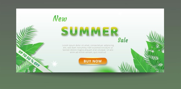 Summer sale banner template with tropical leaves