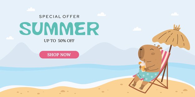 Vector summer sale banner with cute capybara