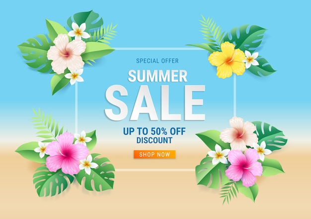 Summer sale card with hibiscus flowers on tropical leaf on the beach background