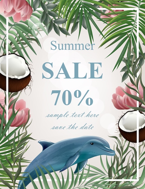 Vector summer sale card with palm trees and dolphin