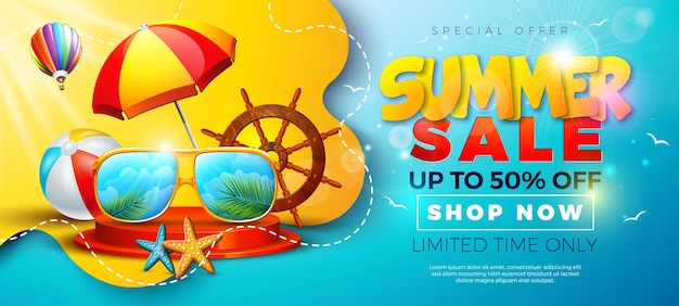 Summer Sale Design with Sunglasses on Stage Podium Beach Ball and Sunshade on Sun Yellow Background