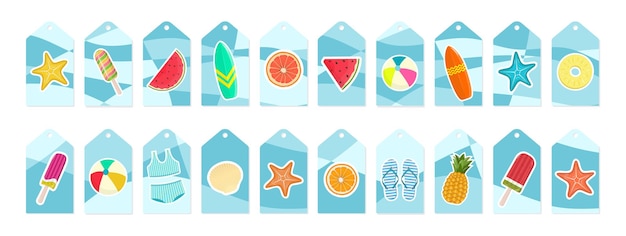 Summer set of sale and gift tags, labels with tropical elements and stickers. Vector illustration.