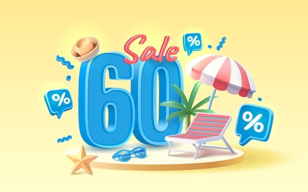 Summer time banner sale 60 Percentage beach umbrella with lounger for relaxation sunglasses seaside vacation scene Vector illustration