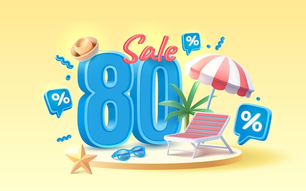 Summer time banner sale 80 Percentage beach umbrella with lounger for relaxation sunglasses seaside vacation scene Vector illustration