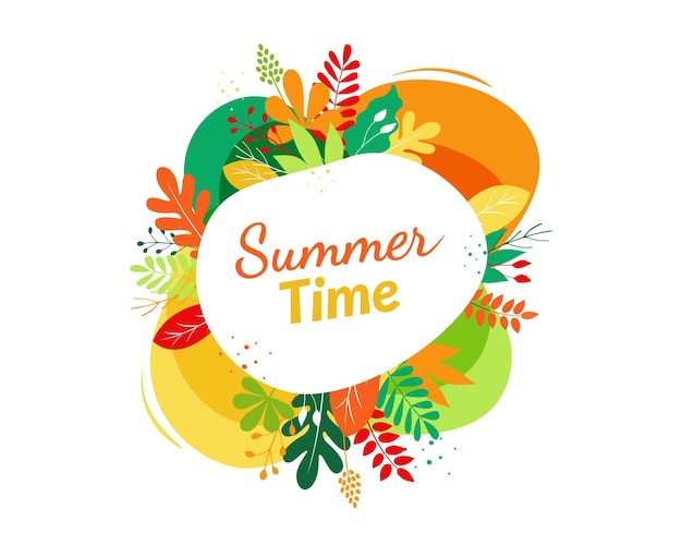 Vector summer time banner on white bubble with bright leaves and floral illustration