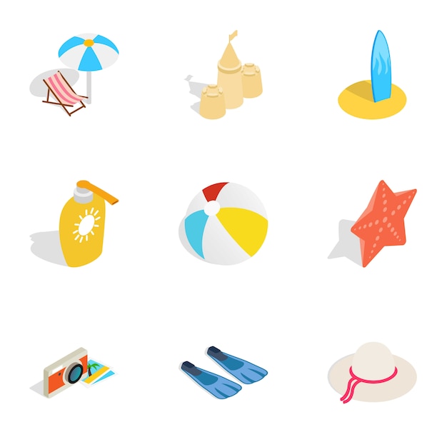 Summer travel icons, isometric 3d style