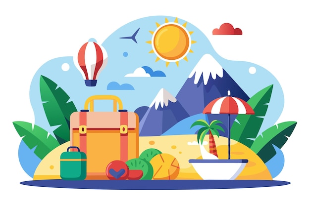 Vector summer travel illustration with luggage hot air balloon and beach scene