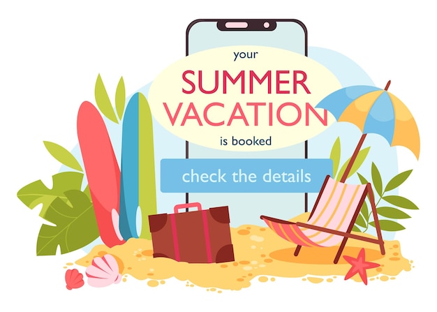 Vector summer tropical vacation booking confirmation app surfboards suitcase deckchair umbrella on sand