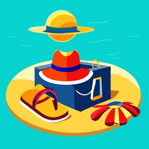 Vector summer vacation background with beach bag hat and flipflops on sand