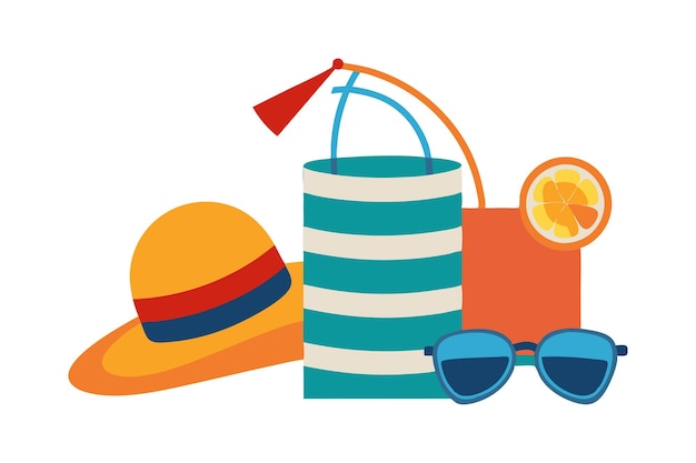 Vector summer vacation essentials with beach bag hat sunglasses and tropical drink