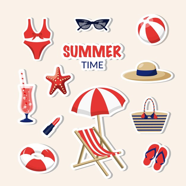 Vector summer vector icon set for sticker collection of stickers of beach elements