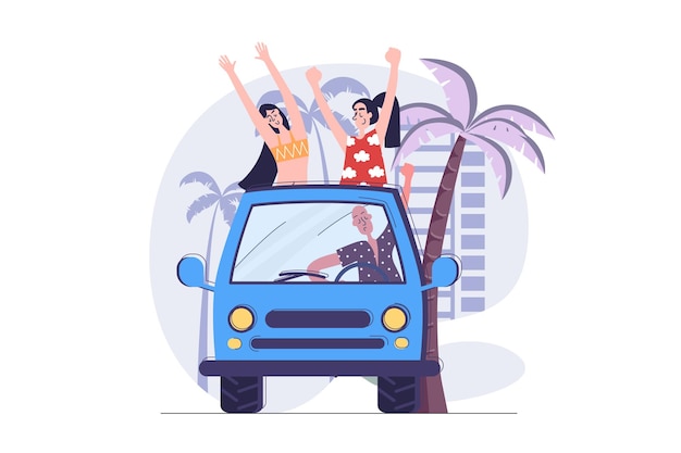 Vector summertime concept in modern flat design for web young man and woman friends going in summer vacation by camper car resting in driving auto journey at tropical resort together vector illustration