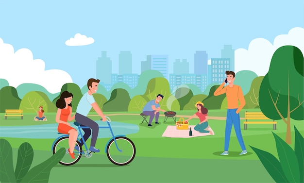 summertime flat illustration People in the park