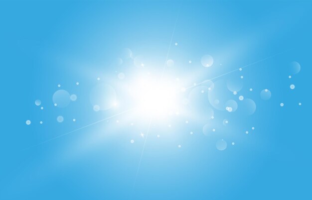 Vector sun on a blue sky background with rays and highlights