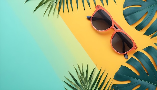 Vector sunglasses with tropical leaves on a vibrant yellow and turquoise background evoking a summer mood