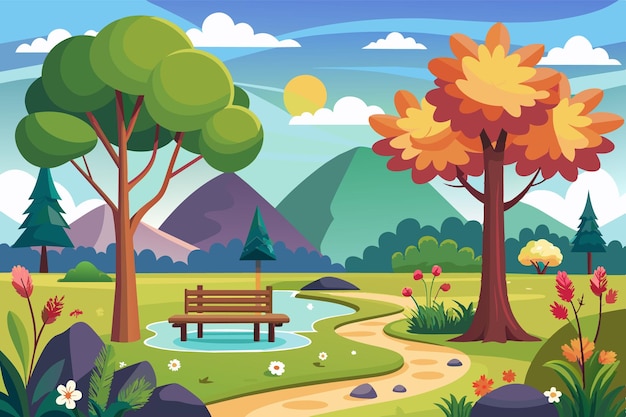 Vector sunny day park scene with bench and winding path