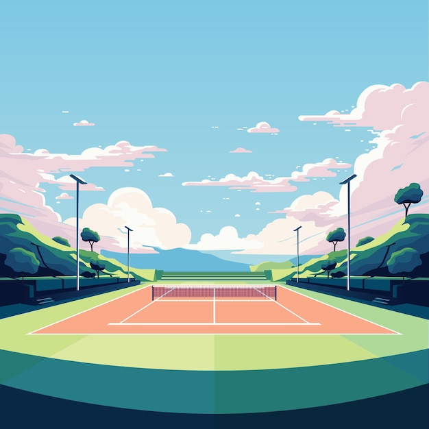 Vector sunny outdoor tennis court flat vector illustration