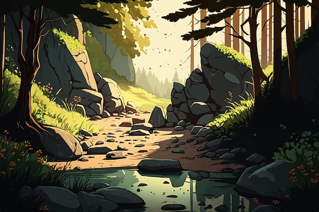 Sunrise on a forest with river flow cartoon vector landscape illustration.