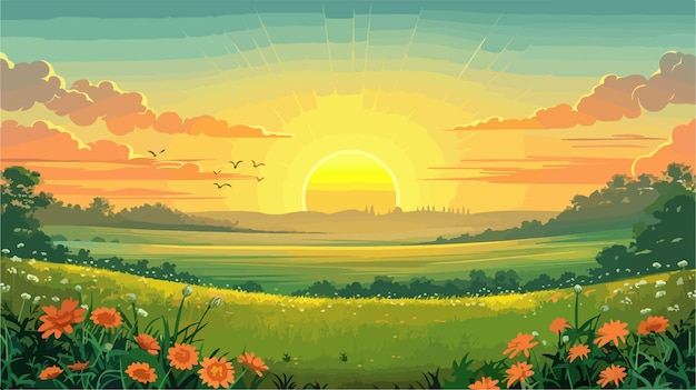 Vector sunrise in green rural field cartoon vector style