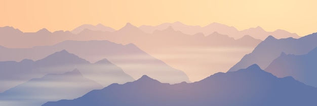 Vector sunrise in the mountains mountain ranges in the morning haze panoramic view