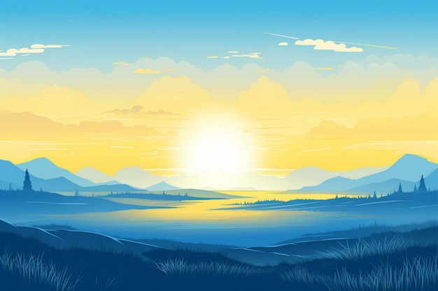 Vector sunset over a lake with mountains and a sunset