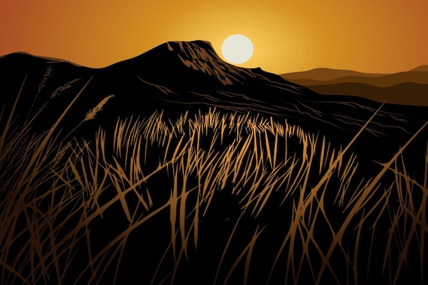 Sunset landscape with mountains and grass