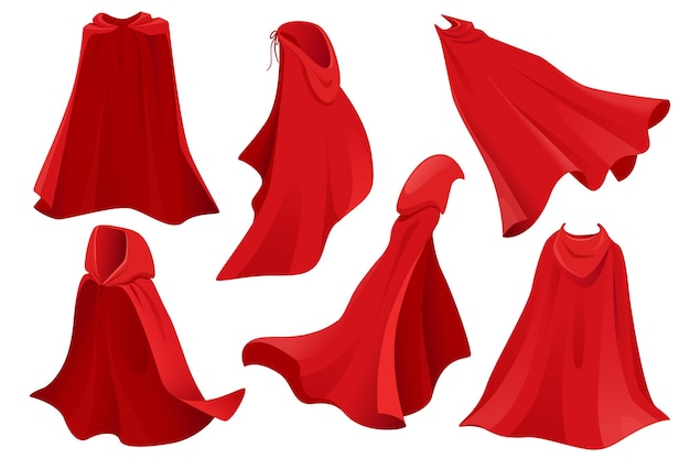 Superhero red cape set graphic elements in flat design Bundle of fabric silk cloak in front side and back view flowing and flying comic masquerade costume Vector illustration isolated objects