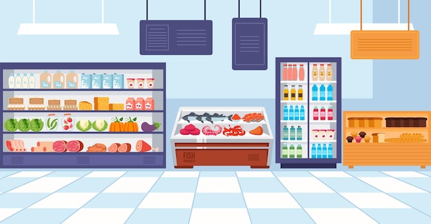 Supermarket shelf with food market store grocery shop empty interior concept