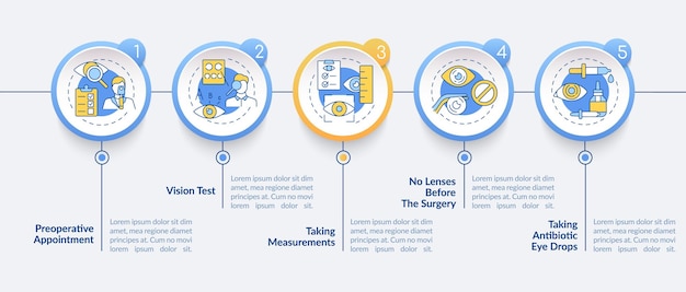 Vector surgery treatment for eyes vector infographic template. medicine presentation outline design elements. data visualization with 5 steps. process timeline info chart. workflow layout with line icons