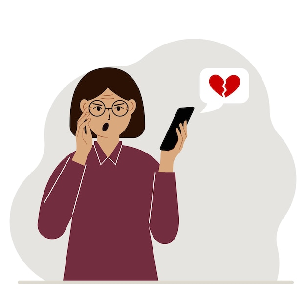 Surprised woman reading a message on his mobile phone. Message with a broken red heart. Vector