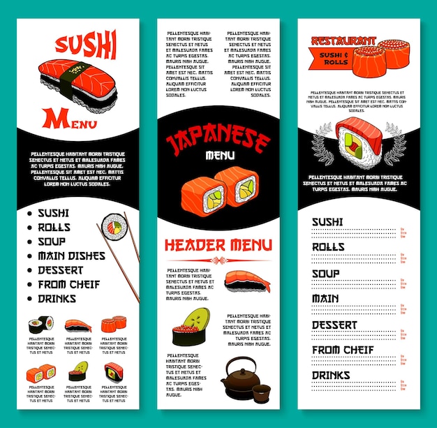 Vector sushi bar vector menu template of japanese dishes