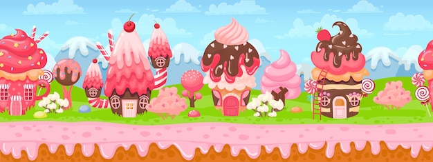 Sweet candy land seamless panorama for game background. Cartoon magic world with cake houses, pink cream and caramel trees vector landscape. Melted chocolate topping, homes with creamy roof