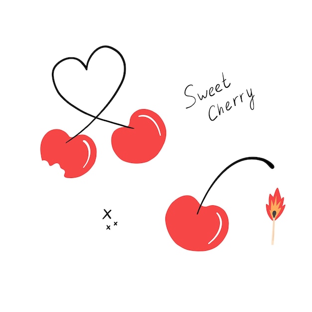 Sweet cherry funny vector illustration on white background. Couple cartoon cherry love and burn