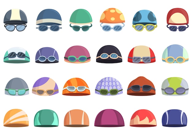 Swimming cap icons set cartoon vector Pool swim