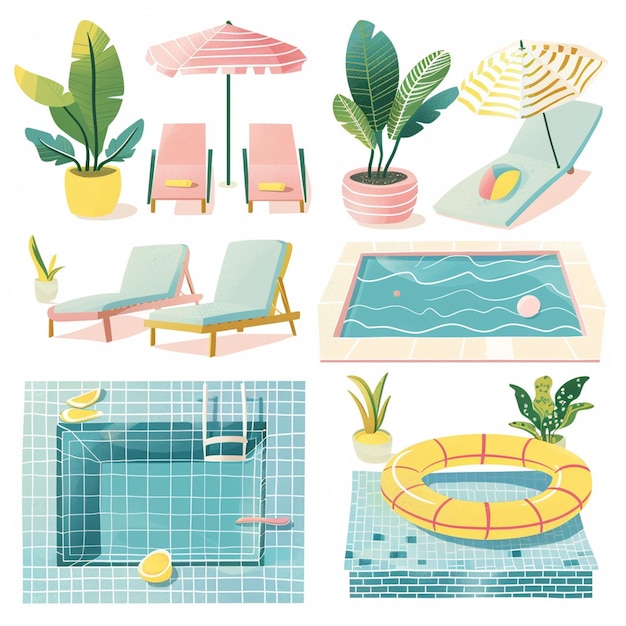 Vector swimming pool vector set simple and mi