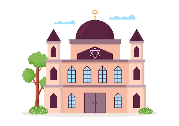 Synagogue Building or Jewish Temple with Religious and Jew Worship Place in Hand Drawn Illustration