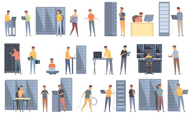 System administrator icons set cartoon vector. Maintenance server