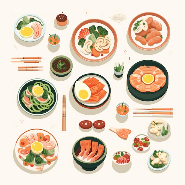 Vector a table of food including eggs vegetables and fruit