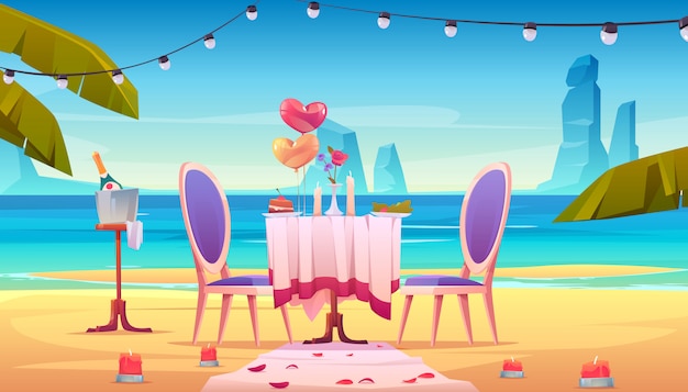 Table at sea beach served for romantic dating