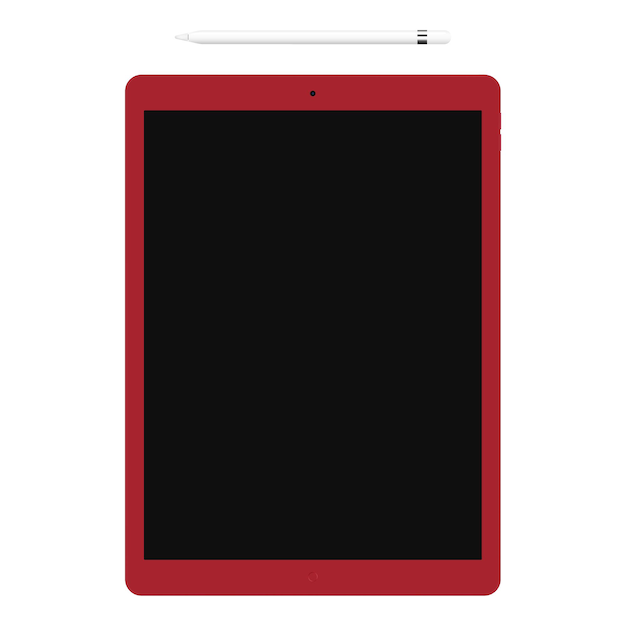 tablet red color and pencil or stylus isolated on white background, of realistic and detailed device and gadget