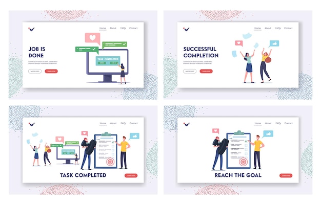 Vector task completed landing page template set. happy characters triumphing with raised hands and scattered papers on workplace. well done work. business people fill to do list. cartoon vector illustration