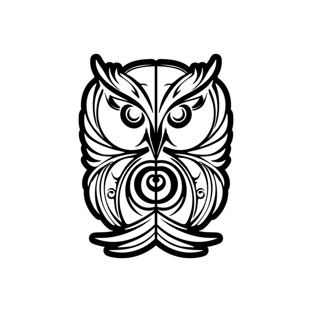 Vector tattoo design of a black and white owl adorned with polynesian patterns