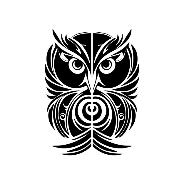 Vector tattoo of an owl in black and white with polynesian designs