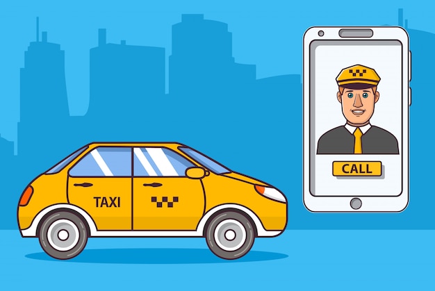 Vector taxi driver car.application smartphone.yellow cab taxi.vehicle city urban.